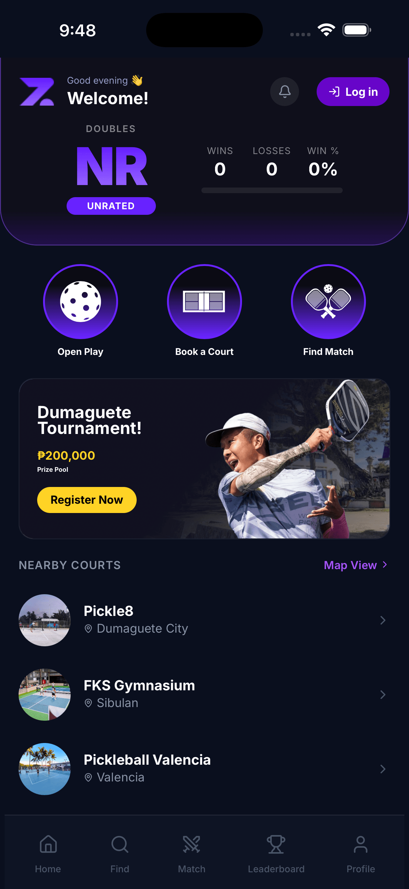 ZONEPLAY app home screen showing court booking, open play, and find match